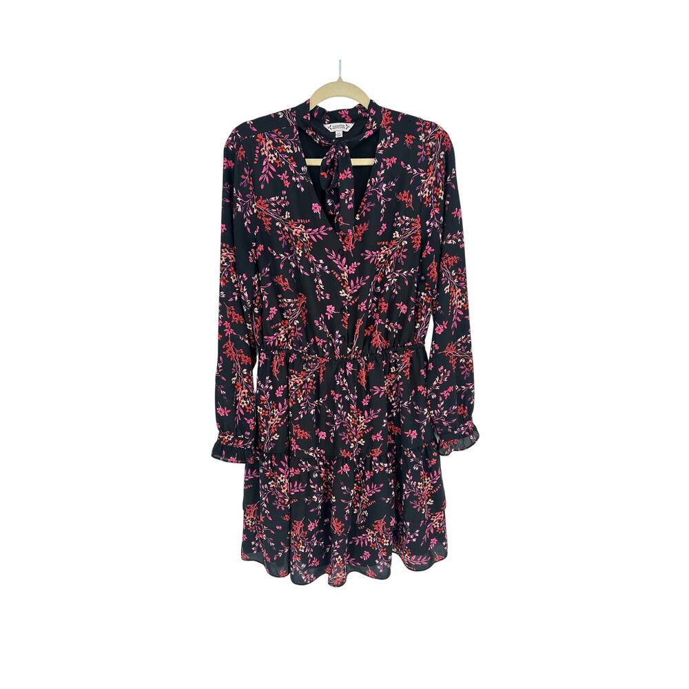 Nanette Lepore Dress Womens 14 Plus Black Pink Floral Tiered Midi V-Neck Ruffle